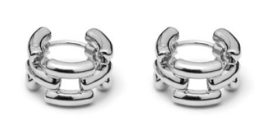 Two identical Johanna Earrings by Lie Studio, featuring silver metal with circular open designs and curved segments, are displayed side by side on a white background—an elegant creol ideal for everyday wear.