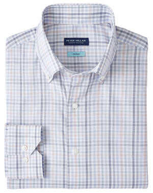 The Orvieto Cotton Sport Shirt by Peter Millar features long sleeves, stretch cotton fabric, and a light blue, white, and peach plaid pattern, with the brand label inside the collar.