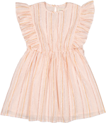The Girls' Asia Dress by Louis Louise is a pink and white cotton crepe dress featuring stripes, ruffled sleeves, and a gathered waist, displayed on a plain background.