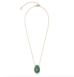 The Constance Necklace by Lizzie Fortunato showcases a gold-plated brass chain with a teardrop green amazonite pendant, highlighted by a small round gemstone at the center.