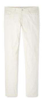 The Peter Millar eb66 Performance Five-Pocket Pant, in a straight-leg off-white design, features front and back pockets and is shown flat on a white background.