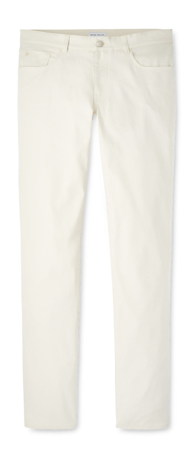 The Peter Millar eb66 Performance Five-Pocket Pant, in a straight-leg off-white design, features front and back pockets and is shown flat on a white background.