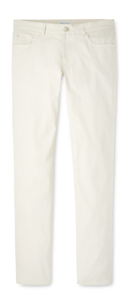 The Peter Millar eb66 Performance Five-Pocket Pant, in a straight-leg off-white design, features front and back pockets and is shown flat on a white background.