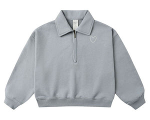 The Girls' Quarter Zip Sweatshirt by Rylee & Cru features a light gray hue, stand collar, and a small white heart outline on the left chest—ideal for a cozy lounge look.