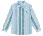 The Boys’ Badge Stripe Shirt from Tartine et Chocolat features vertical light blue and white stripes, a classic collar, and a subtle embroidered logo on the chest—crafted from soft cotton for comfortable, casual style.