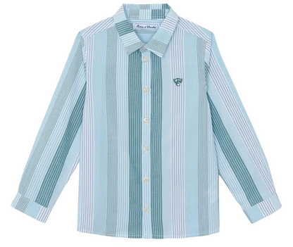 The Boys’ Badge Stripe Shirt from Tartine et Chocolat features vertical light blue and white stripes, a classic collar, and a subtle embroidered logo on the chest—crafted from soft cotton for comfortable, casual style.