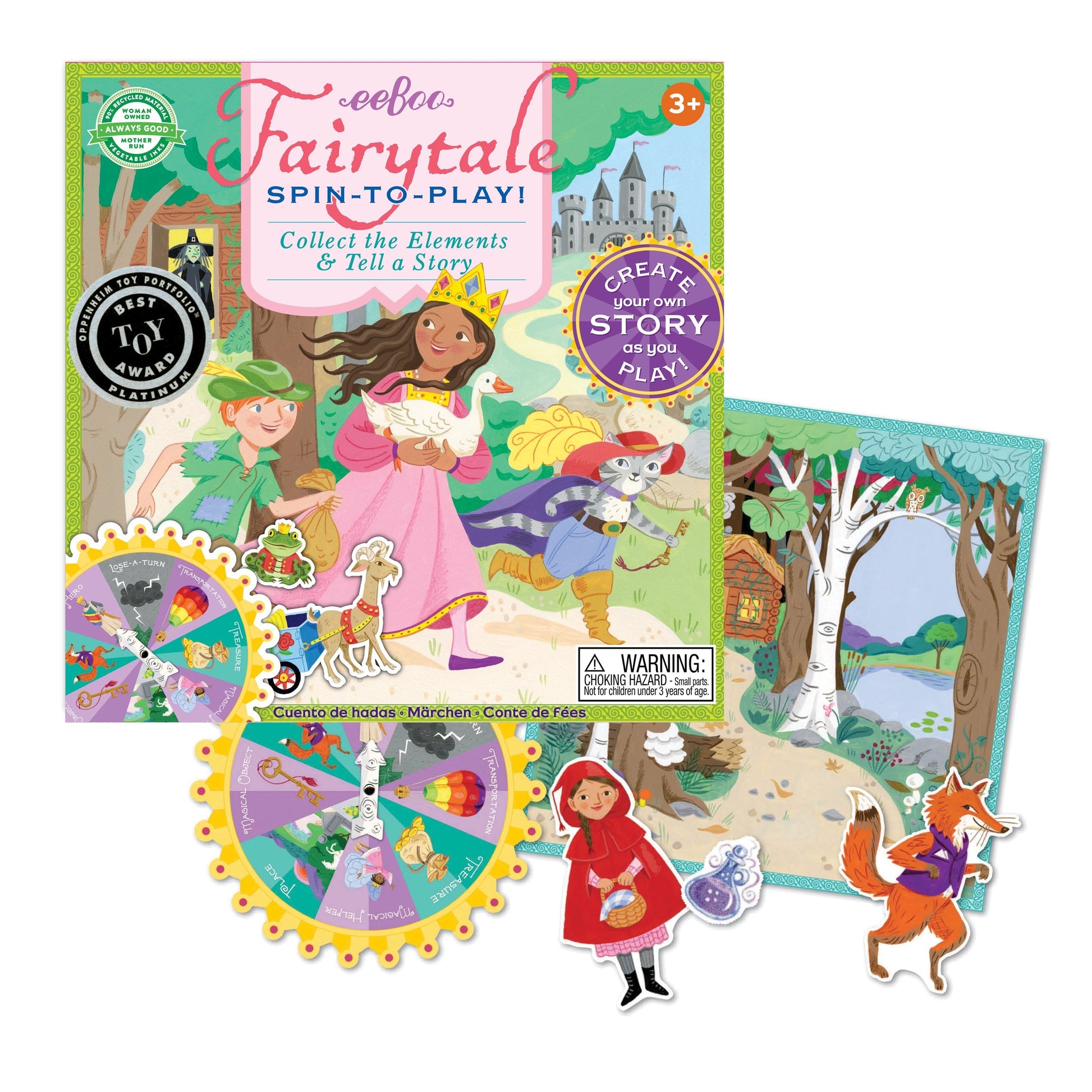 Eeboo’s Fairytale Spinner Game includes a colorful story scene, character pieces, spinning wheels, and an illustrated box. A magical storytelling game for ages 3 and up.
