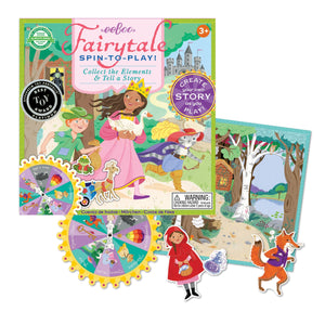 Eeboo’s Fairytale Spinner Game includes a colorful story scene, character pieces, spinning wheels, and an illustrated box. A magical storytelling game for ages 3 and up.