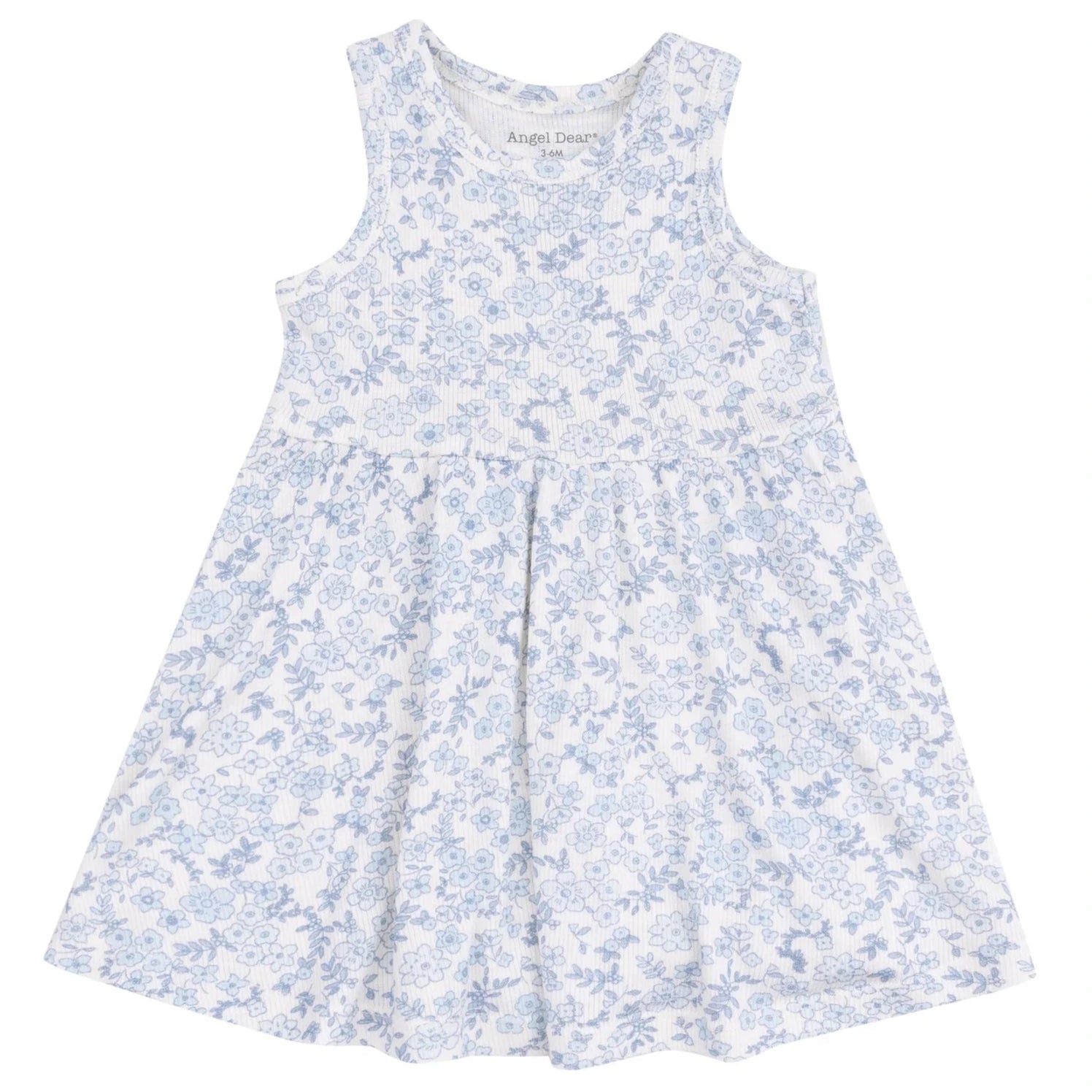 The Angel Dear Baby Girls' and Girls' Ribbed Modal Tank Dress & Bloomer is a sleeveless white dress with light blue floral prints, a round neckline, and flared skirt, available in toddler sizes.