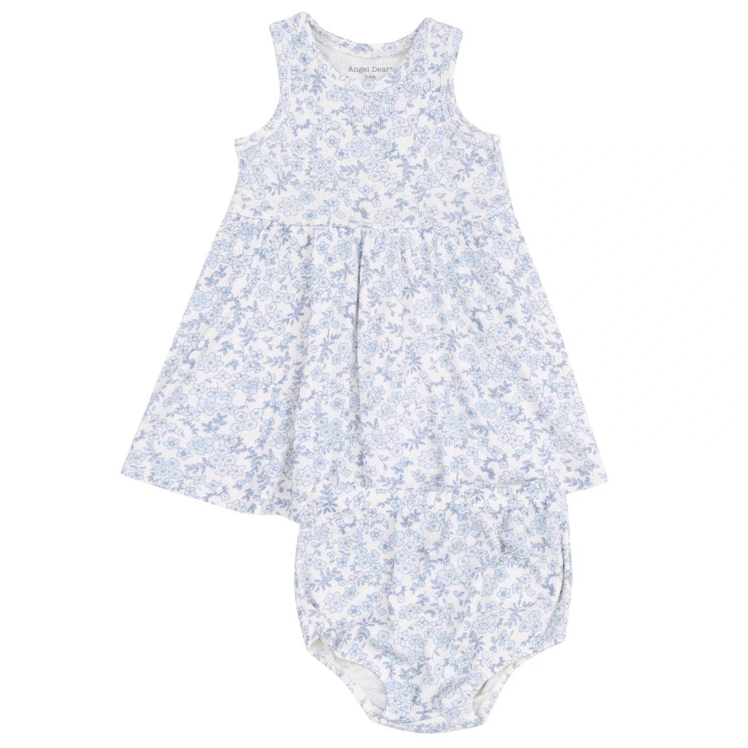 The Angel Dear Baby Girls' and Girls' Ribbed Modal Tank Dress & Bloomer in a blue and white floral pattern is shown laid flat on a white background. This cute set is available in toddler sizes.