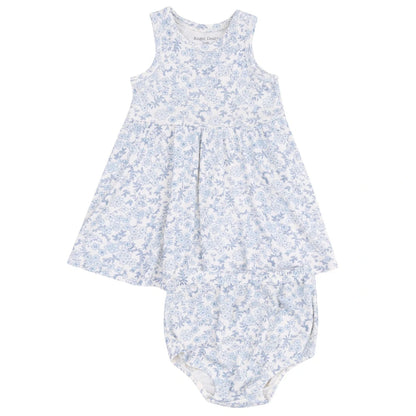 The Angel Dear Baby Girls' and Girls' Ribbed Modal Tank Dress & Bloomer in a blue and white floral pattern is shown laid flat on a white background. This cute set is available in toddler sizes.