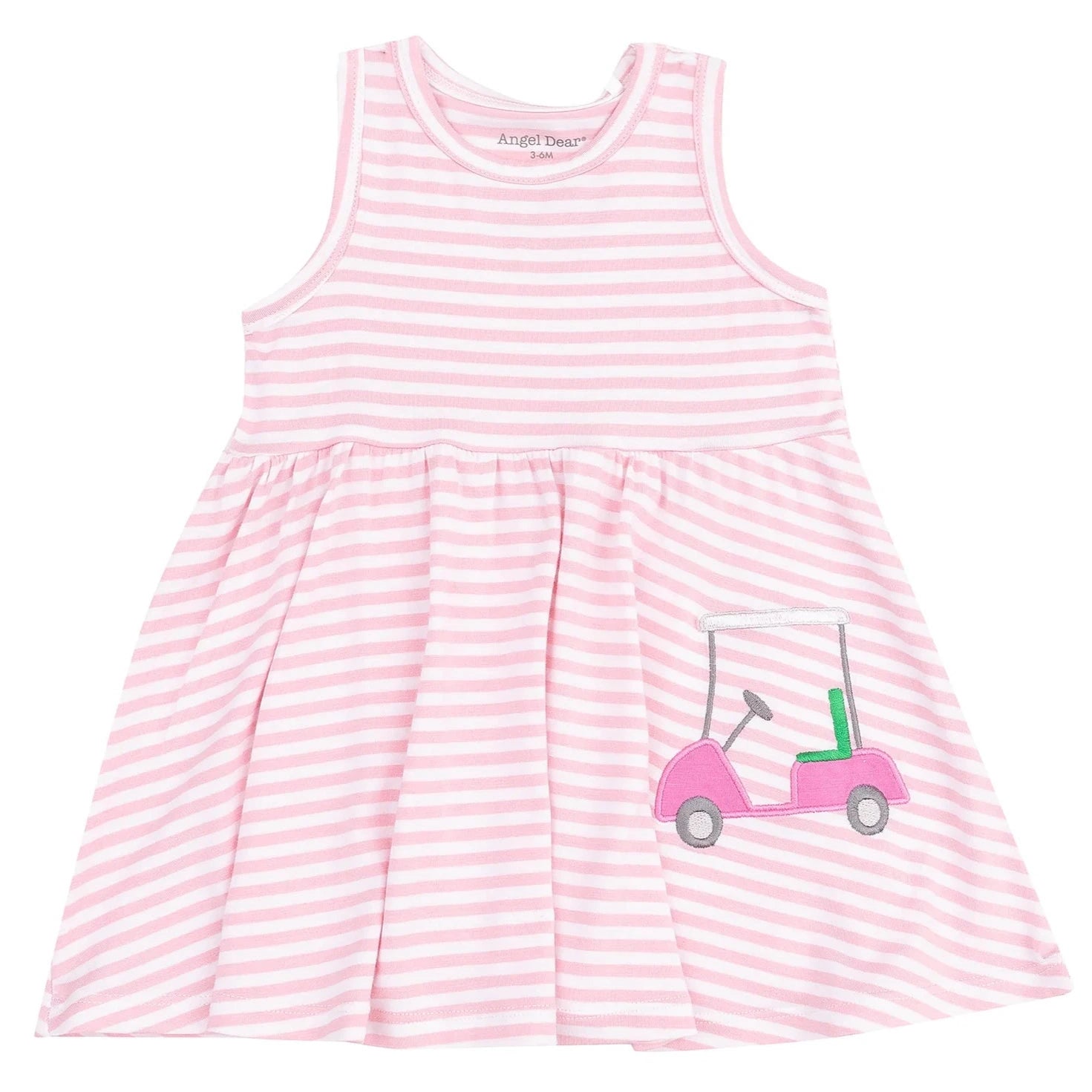 Angel Dear Baby Girl's Bamboo Tank Dress & Bloomer set in pink and white stripes features a playful golf cart applique and is made from soft, eco-friendly bamboo viscose.