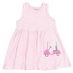 Angel Dear Baby Girl's Bamboo Tank Dress & Bloomer set in pink and white stripes features a playful golf cart applique and is made from soft, eco-friendly bamboo viscose.