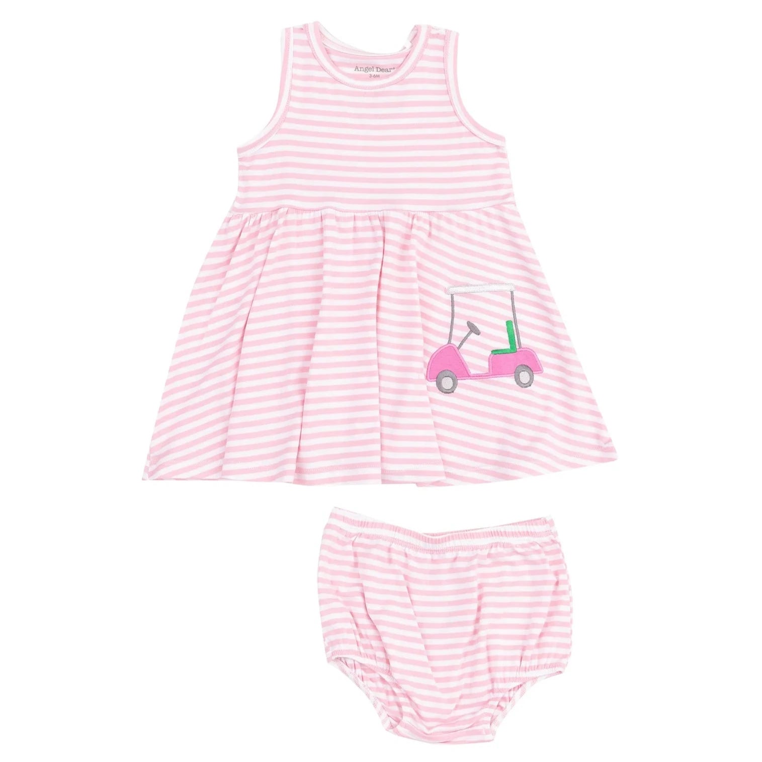 The Angel Dear Baby Girl's Bamboo Tank Dress & Bloomer features pink and white stripes and a cute pink golf cart applique, crafted from soft bamboo viscose for comfort.