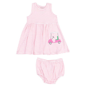 The Angel Dear Baby Girl's Bamboo Tank Dress & Bloomer features pink and white stripes and a cute pink golf cart applique, crafted from soft bamboo viscose for comfort.