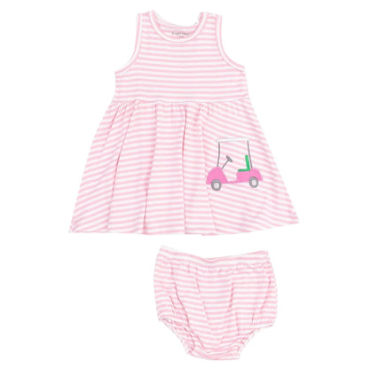 The Angel Dear Baby Girl's Bamboo Tank Dress & Bloomer features pink and white stripes and a cute pink golf cart applique, crafted from soft bamboo viscose for comfort.