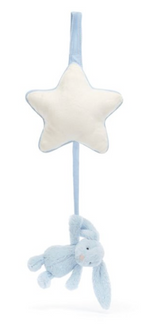 A plush white star with a blue edge hanging from a fabric loop, with a Jellycat Bashful Blue Bunny Musical Pull from Jellycat attached by one ear beneath it—perfect as a newborn gift.