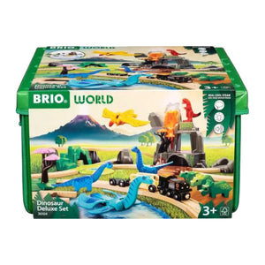 Brio Dinosaur Deluxe Set packaging features a Jurassic playset with toy dinosaurs, volcano, train, and landscape; suitable for ages 3+.