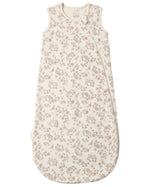 Quincy Mae Baby Jersey Sleep Bag—crafted from soft organic brushed cotton, this sleeveless sleep sack features a white background adorned with a light brown floral pattern and includes a convenient side zipper.