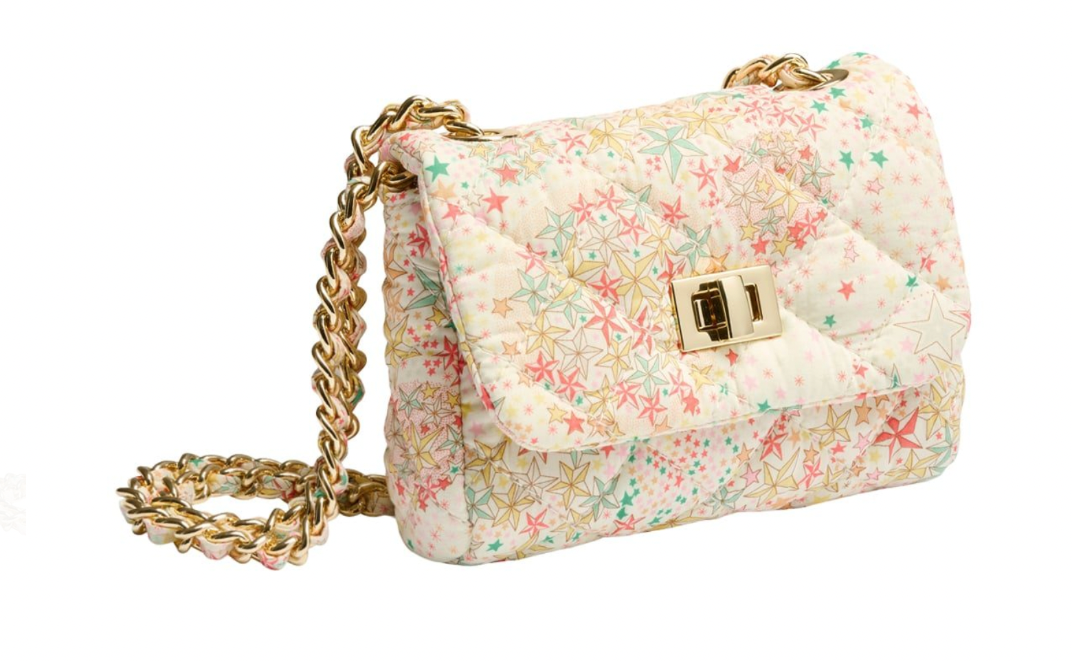 The Milledeux Small Chain Bag, Liberty Print, showcases a colorful star pattern in Liberty of London fabric, enhanced with a gold chain strap and metal closure.