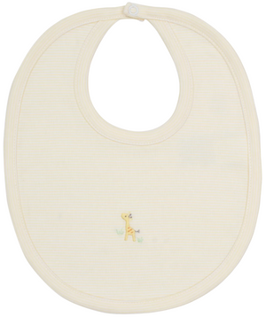 Kissy Kissy Premier Giraffe Love Hand Emb. Striped Bib in a cream-colored Pima cotton, featuring a small embroidered giraffe and grass motif near the bottom center.