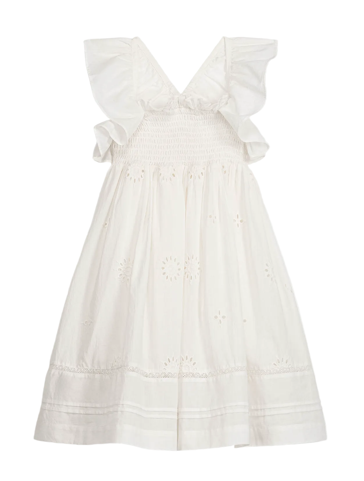The Girls’ Anaya Dress by Louise Misha is a sleeveless white cotton dress featuring ruffled shoulders, a smocked yoke bodice, eyelet embroidery, and a knee-length skirt. It also showcases a V-back and delicate trim details near the hem.
