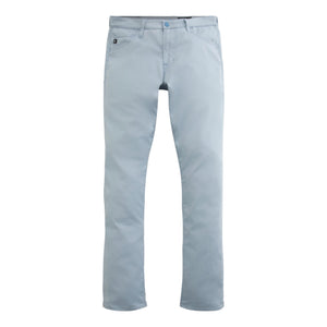 The Tellis Commuter Performance Airluxe Modern Slim Pants by AG Jeans feature front and back pockets, belt loops, and a button closure in light blue, designed for commuter comfort and shown against a white background.