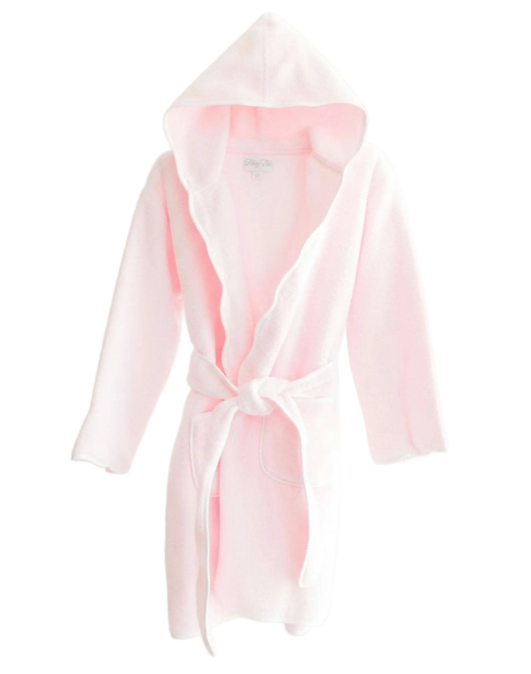 The Terry Tots Kids’ Bathrobe - Pink Scalloped features a soft pink terrycloth fabric with a cozy hood, long sleeves, front pockets, and a tied belt. Displayed on a white background, this luxury bathrobe is perfect for keeping your little one warm and comfortable after bath time.