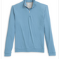 The Motion Performance 1/4 Zip by Johnnie-O in light blue features long sleeves, a stand-up collar, cuffed sleeves, and a zippered closure. Displayed against a plain white background, this versatile pullover combines the breathability of performance polos with the refined look of an office-ready golf shirt.