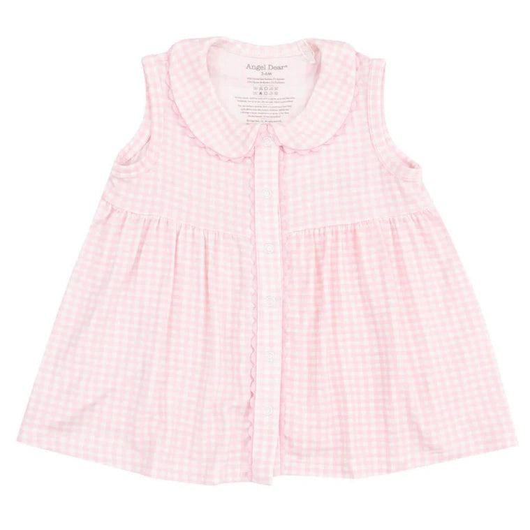 Angel Dear Baby Girls' and Girls' Jill Peter Pan Button Front Dress with Ric-Rac Trim and Diaper Cover in pink and white gingham, featuring a classic collar, ric-rac trim, and front buttons, shown on a white background.