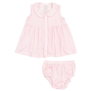 The Angel Dear Baby Girls' and Girls' Jill Peter Pan Button Front Dress features ric-rac trim, a classic collar, and comes with a matching diaper cover.
