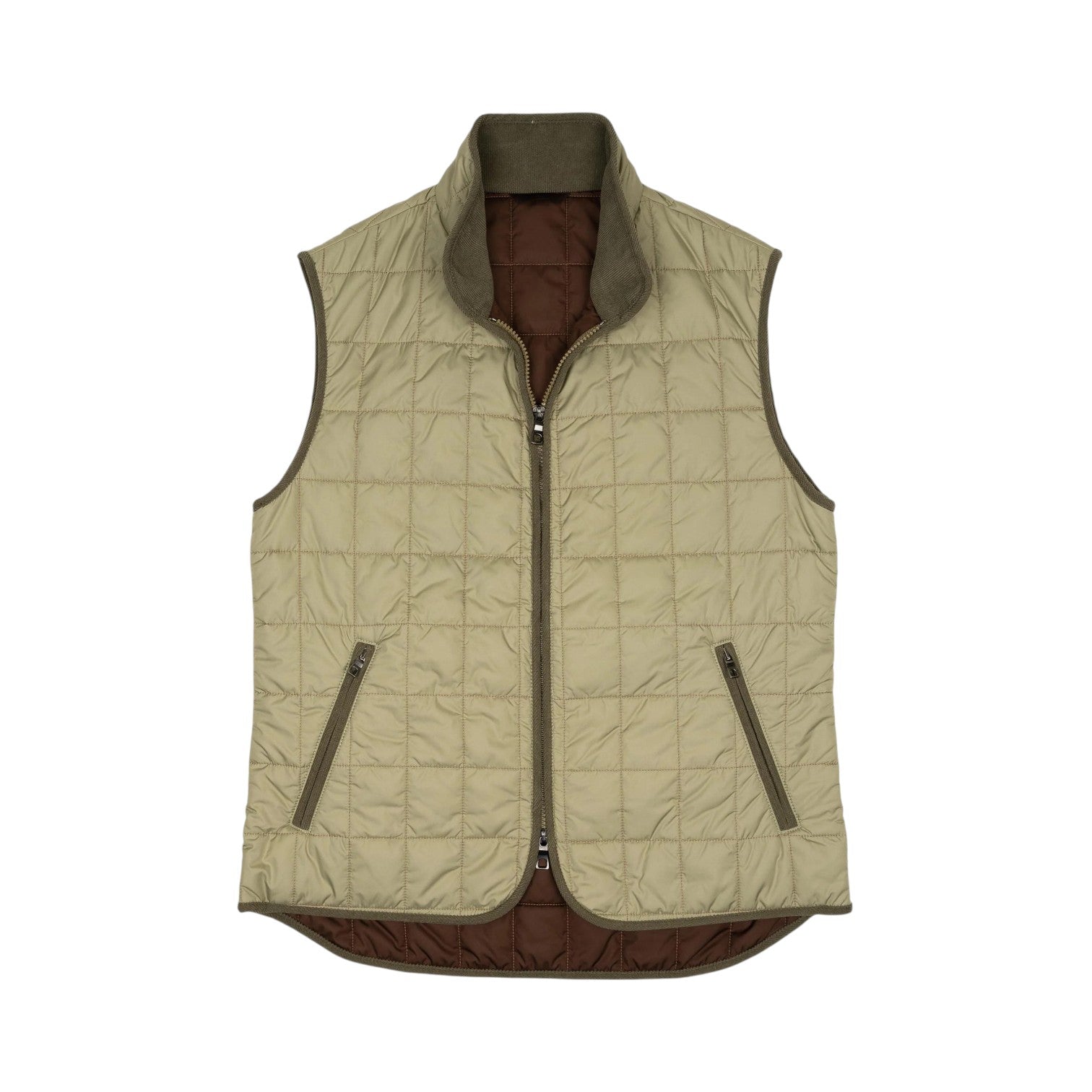 The Theo Nylon Vest by Waterville, shown in beige with quilted detailing, a front zipper, and two angled zippered pockets, is displayed flat on a white background—making it a stylish layering piece to wear over a shirt or under a blazer.