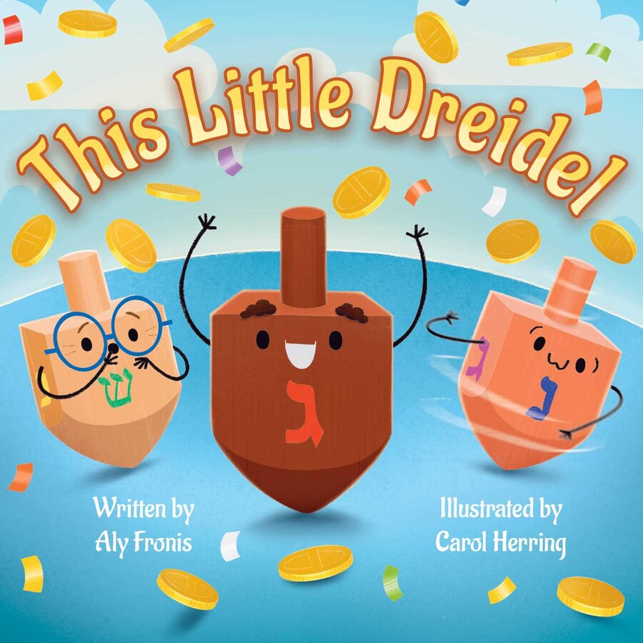 Three cheerful cartoon dreidels with faces and arms are surrounded by gold coins and colorful confetti on the cover of "This Little Dreidel," a Hanukkah book for little ones from Simon & Schuster. Book credits appear at the bottom.