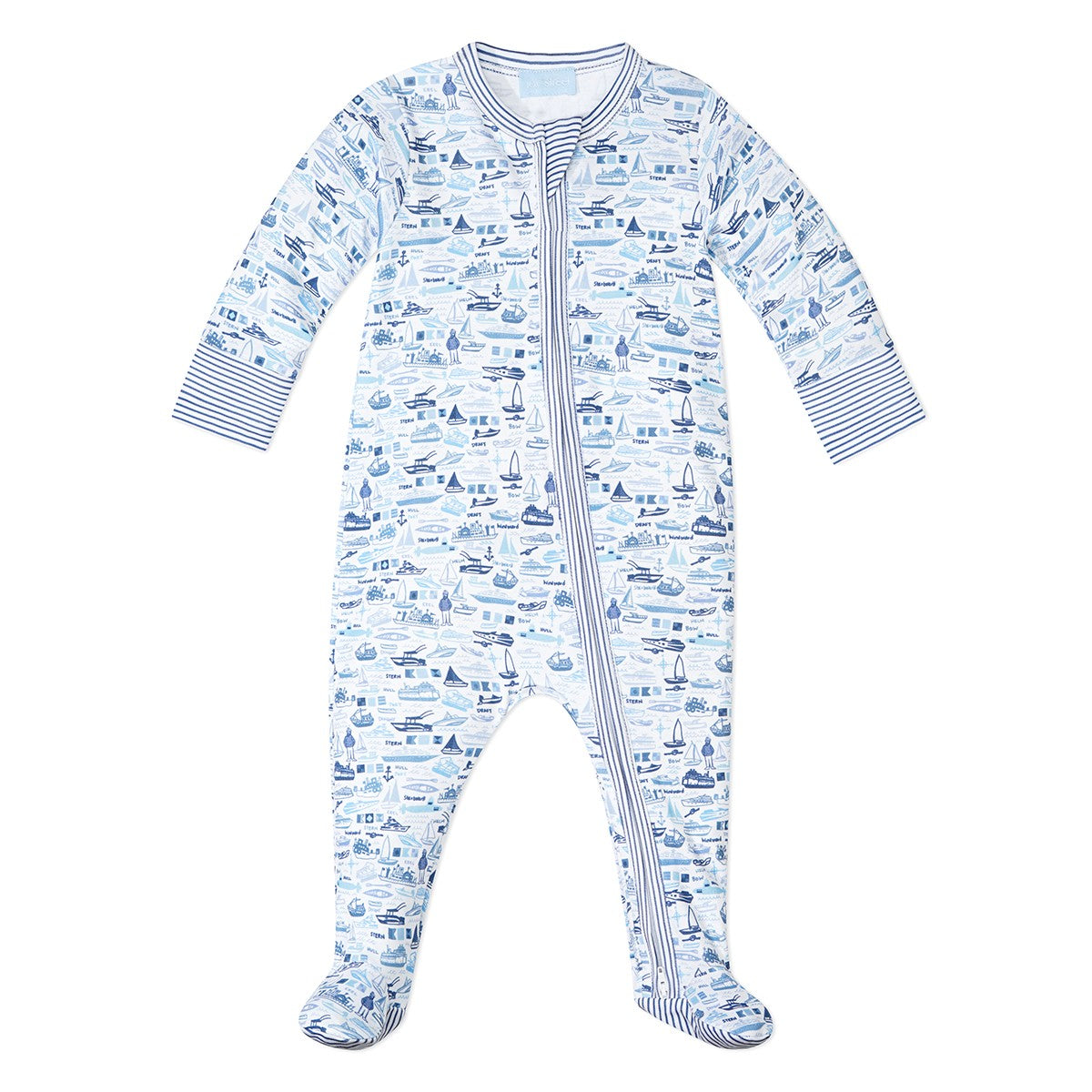 Joy Street’s Baby Boys' Boats Zip Onesie features hand-drawn blue and white sailboats, long sleeves, striped cuffs and trim, footed design, and a convenient front zipper.