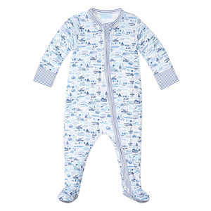 Joy Street’s Baby Boys' Boats Zip Onesie features hand-drawn blue and white sailboats, long sleeves, striped cuffs and trim, footed design, and a convenient front zipper.