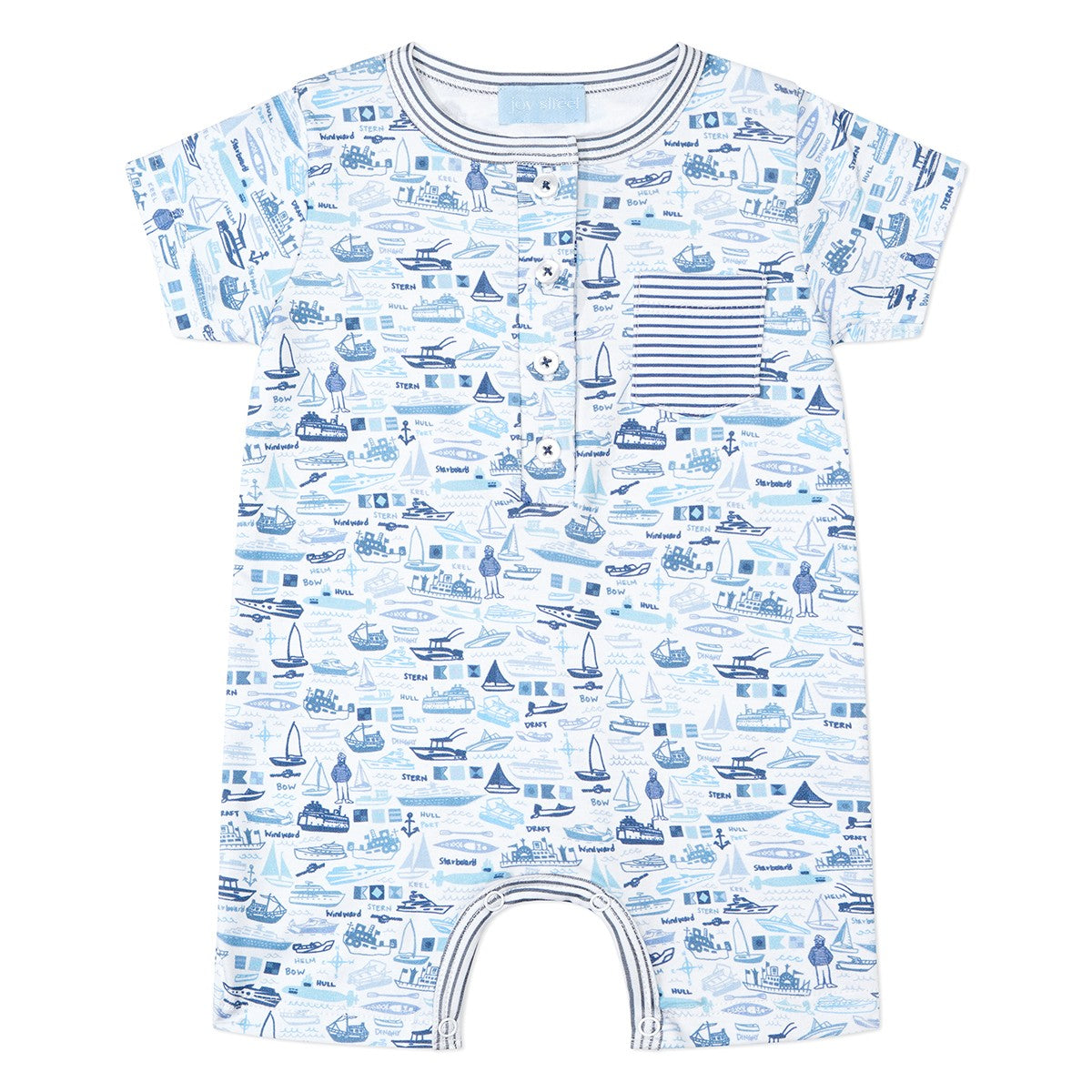 The Joy Street Baby Boys' Boats Shortie Romper features a blue boats print, striped chest pocket, short sleeves, and bottom snaps for easy diaper changes—perfect for summer.