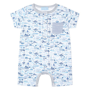 The Joy Street Baby Boys' Boats Shortie Romper features a blue boats print, striped chest pocket, short sleeves, and bottom snaps for easy diaper changes—perfect for summer.