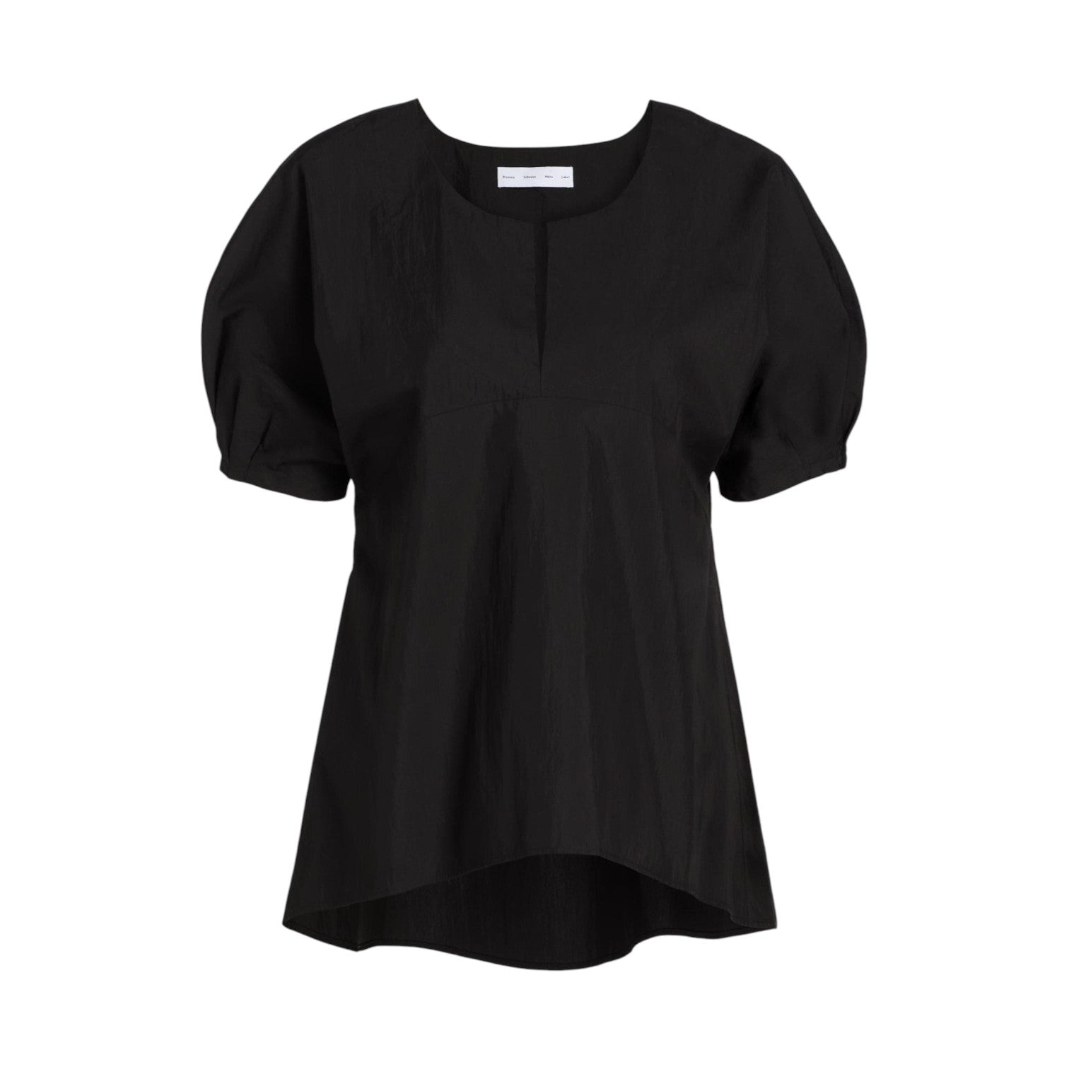 The Proenza Schouler White Label Tia Top is a black cotton-nylon short-sleeve blouse with a round neckline, front notch, puffed sleeves, and curved high-low hem, shown against a white background.