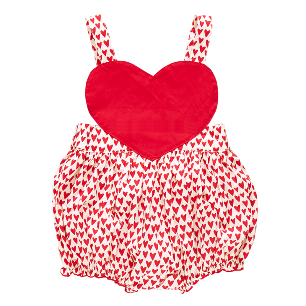 The Pink Chicken Baby Girls' Lucy Love Bubble romper features mini hearts, an oversized heart-shaped bodice, adjustable shoulder straps, and a gathered waist.