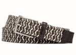 The W. Kleinberg Men's Tiramisu Stretch Belt with Croc Tabs and a brushed nickel buckle, showcasing a brown, white, and beige pattern, is coiled on a white surface.