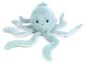 Meet Oda Octopus by Mon Ami—a powder blue stuffed animal featuring eight floppy arms, small round eyes, and a gentle smile, set against a white background. The perfect cuddle buddy!.