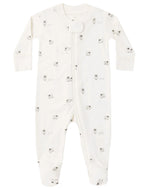 The Quincy Mae Baby Zip Long Sleeve Sleeper Footie is crafted from soft organic brushed jersey in white, featuring a charming small sheep print, long sleeves, enclosed feet for added warmth, and an easy front zipper—making it the perfect cozy baby footie.