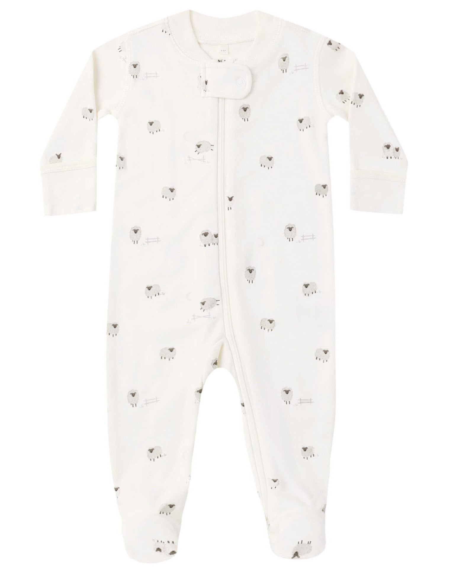 The Quincy Mae Baby Zip Long Sleeve Sleeper Footie is crafted from soft organic brushed jersey in white, featuring a charming small sheep print, long sleeves, enclosed feet for added warmth, and an easy front zipper—making it the perfect cozy baby footie.