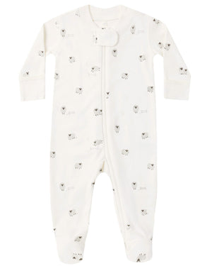 The Quincy Mae Baby Zip Long Sleeve Sleeper Footie is crafted from soft organic brushed jersey in white, featuring a charming small sheep print, long sleeves, enclosed feet for added warmth, and an easy front zipper—making it the perfect cozy baby footie.