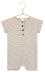 The Baby Boys’ Banks Romper by Lou Lou & Company features beige and white horizontal stripes, short sleeves, and four buttons down the front. Displayed on a gold hanger, this one-piece romper is perfect for everyday comfort.