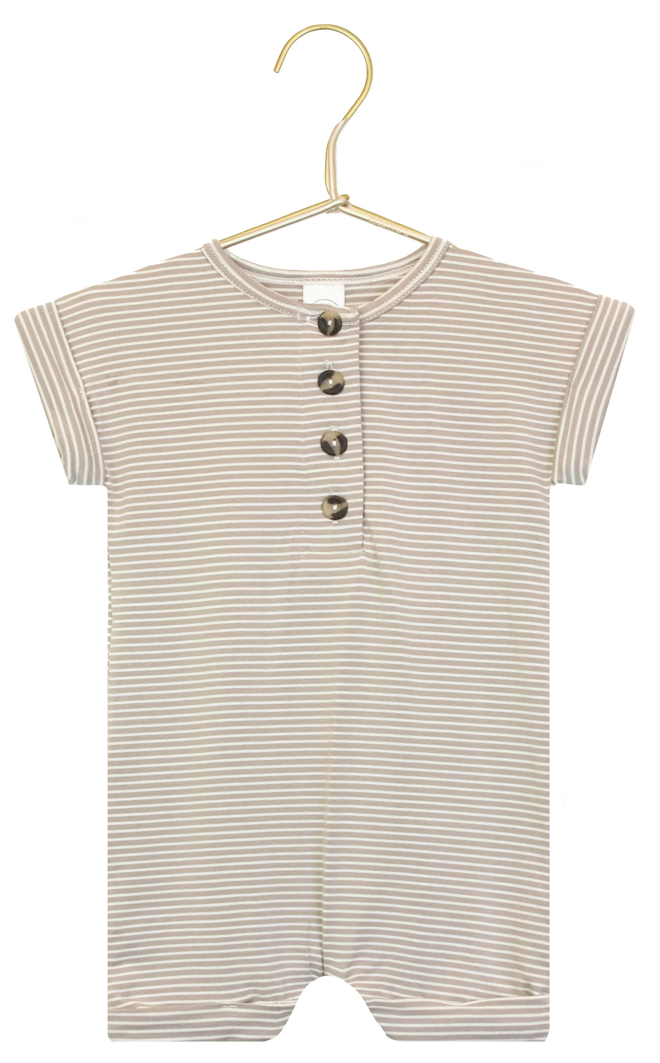 The Baby Boys’ Banks Romper by Lou Lou & Company features beige and white horizontal stripes, short sleeves, and four buttons down the front. Displayed on a gold hanger, this one-piece romper is perfect for everyday comfort.