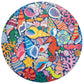 The Eeboo Seahorses, Shells & Coral 500 Round Puzzle features a vibrant underwater scene with sea shells, starfish, coral, and seahorses on a deep blue background, illustrated by Monika Forsberg.