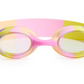 The Bling2O Kids' Tiny Girl Swim Goggles feature pink, yellow, and purple accents with clear lenses and an adjustable strap, making them perfect for water play. These anti-fog toddler swim goggles are shown against a white background.