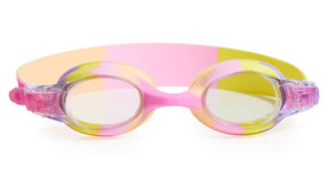 The Bling2O Kids' Tiny Girl Swim Goggles feature pink, yellow, and purple accents with clear lenses and an adjustable strap, making them perfect for water play. These anti-fog toddler swim goggles are shown against a white background.
