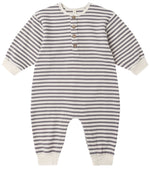 The Quincy Mae Baby Boys’ Relaxed Jumpsuit features cozy long sleeves, gray and white horizontal stripes, four chest buttons for easy dressing, and white cuffs at the sleeves, legs, and collar—making it perfect for quick diaper changes and a snug addition to your little one’s fall and winter wardrobe.